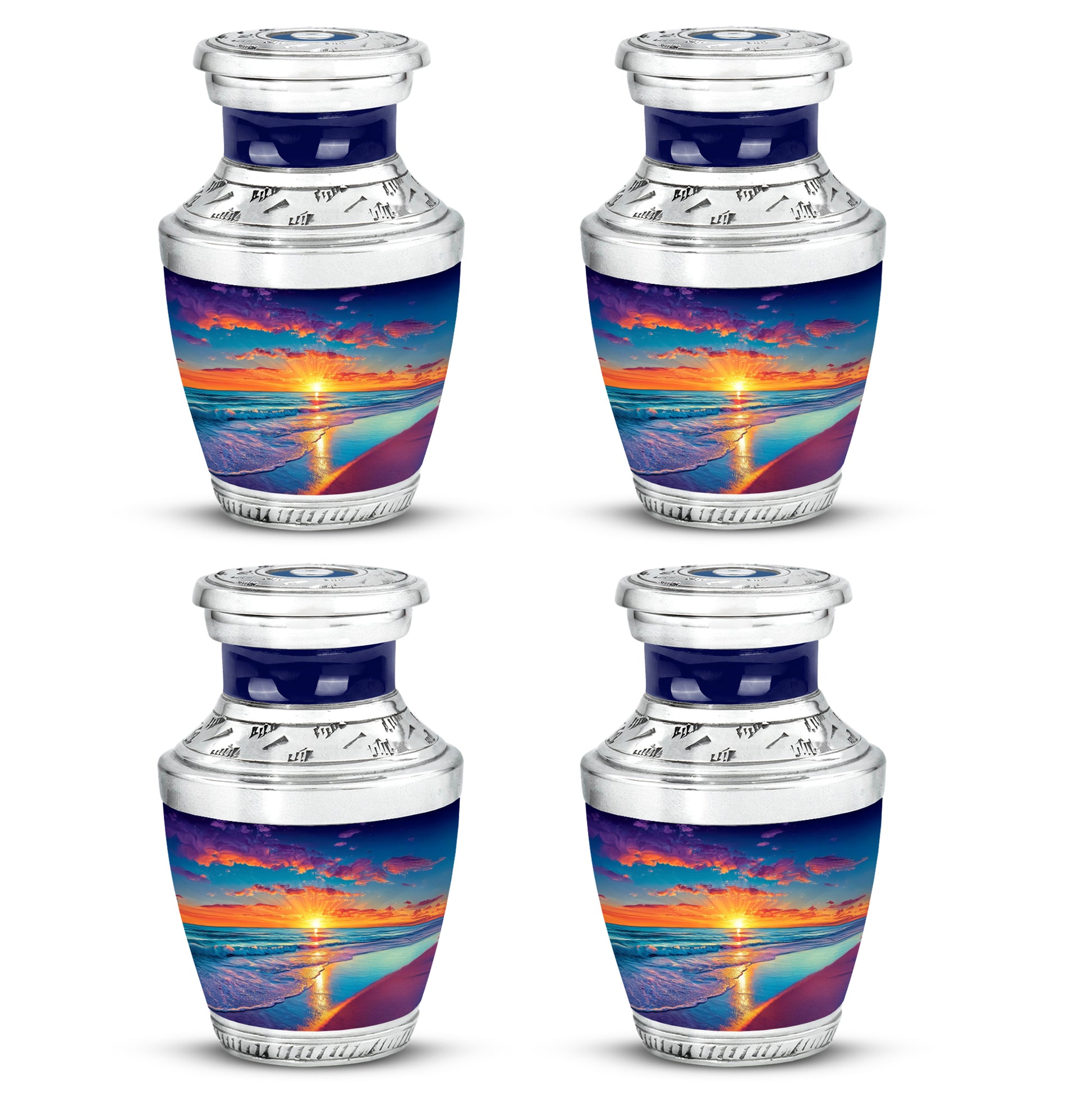 Twilight Blue Beach Cremation Urn back view with polished surface - artistic beach interpretation with creative detail - 10 inch aluminum urn for cremated remains