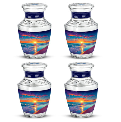 Twilight Blue Beach Cremation Urn back view with polished surface - artistic beach interpretation with creative detail - 10 inch aluminum urn for cremated remains