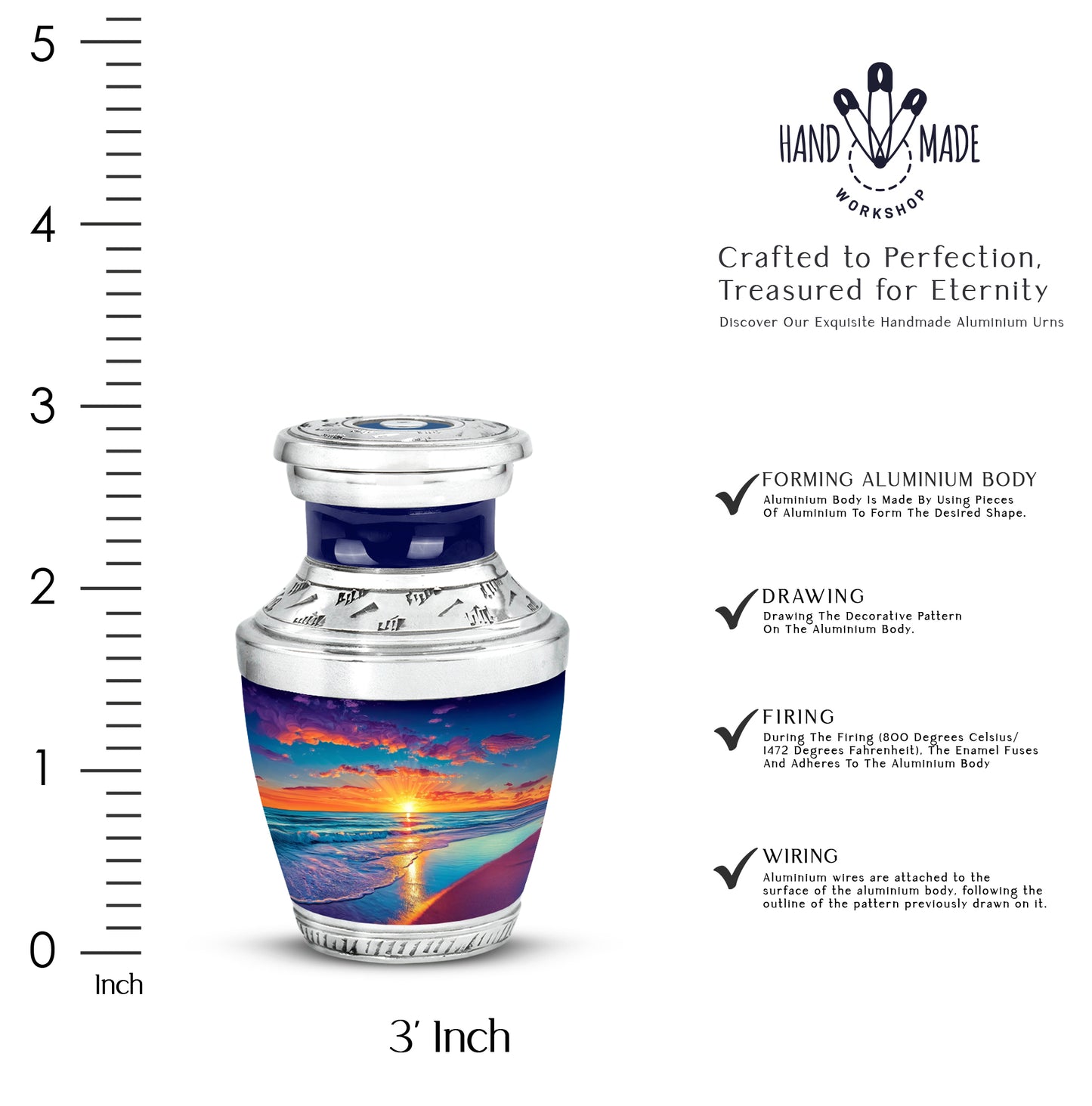 Powder Blue Beach Cremation Urn top-down view of secure threaded lid - contemporary beach design with modern artistic flair - mini keepsake memorial for portion of cremation ashes