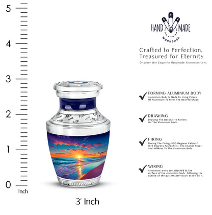 Powder Blue Beach Cremation Urn top-down view of secure threaded lid - contemporary beach design with modern artistic flair - mini keepsake memorial for portion of cremation ashes