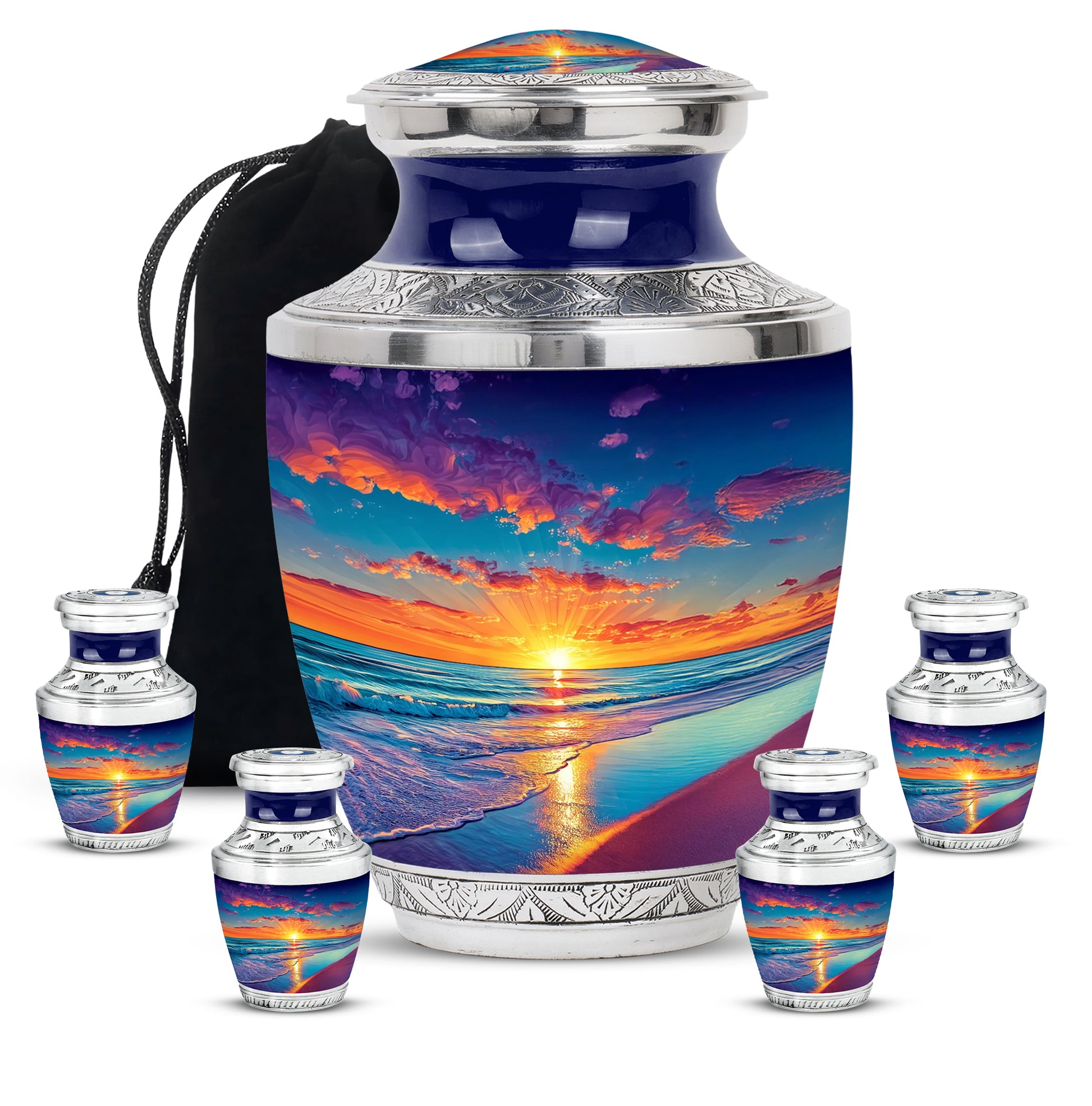 Royal Blue Beach Cremation Urn lifestyle display on memorial shelf - stylized abstract beach pattern with bold lines - memorial set with one large and four small urns