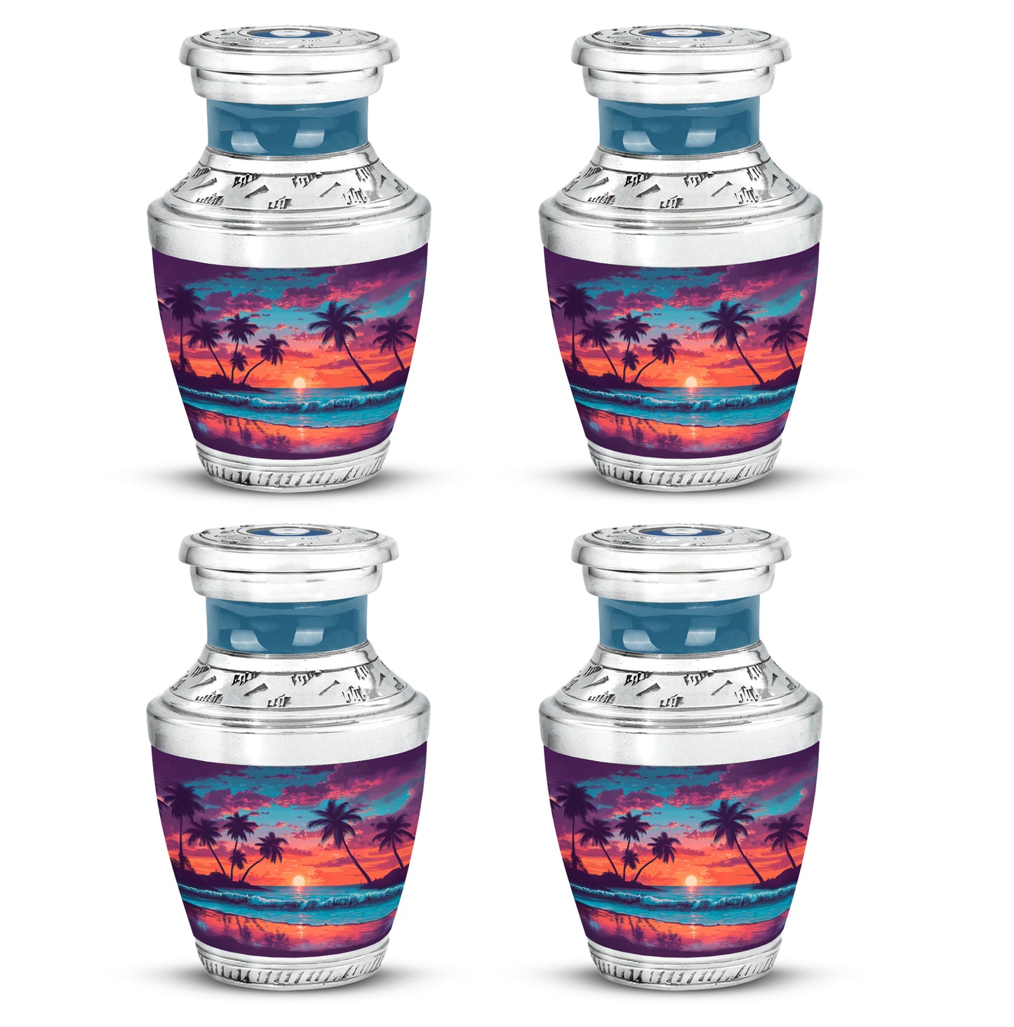 Slate Blue Beach Cremation Urn back view with polished surface - modern art-inspired beach motif on sleek aluminum - 10 inch aluminum urn for cremated remains