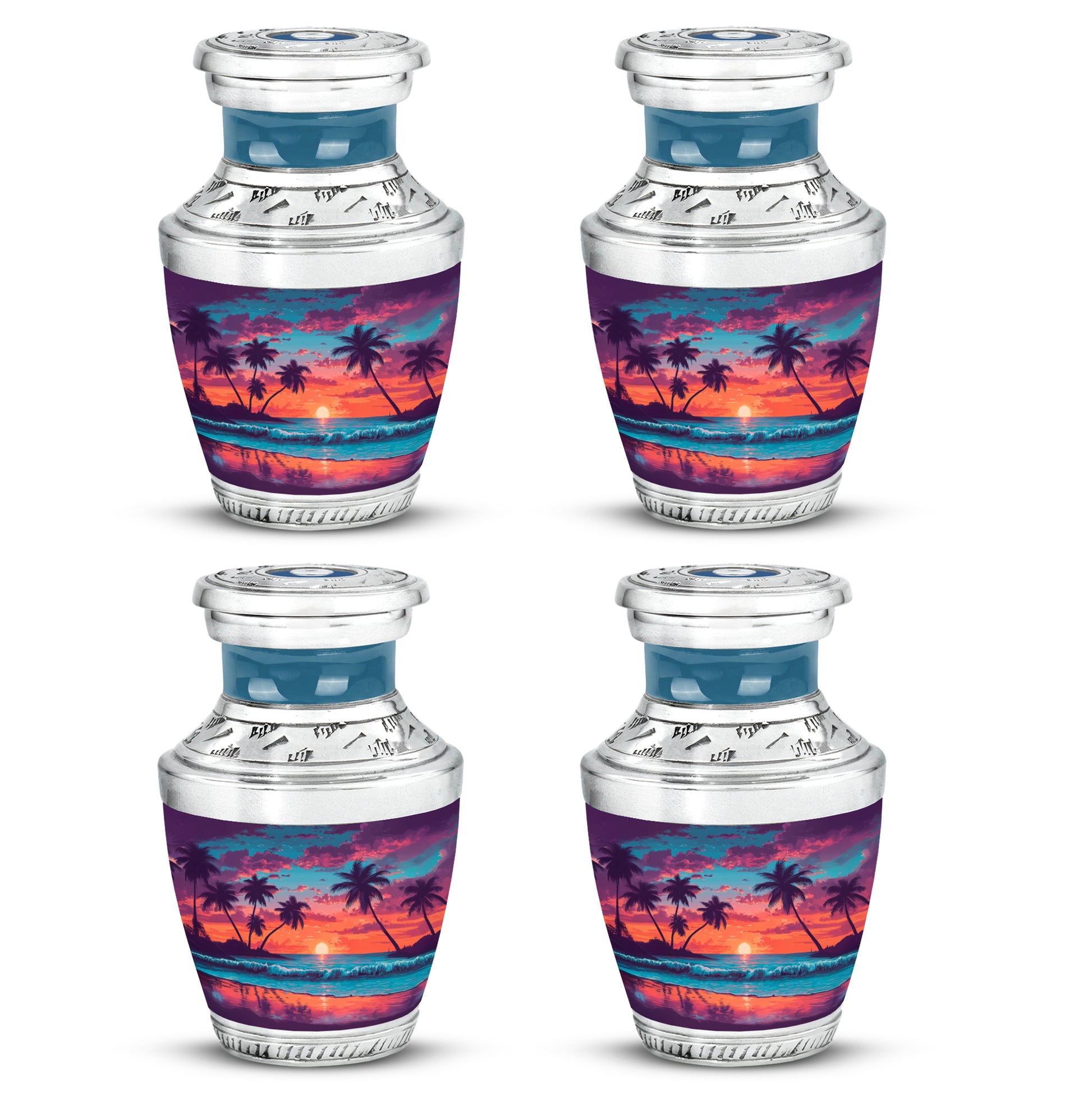 Slate Blue Beach Cremation Urn back view with polished surface - modern art-inspired beach motif on sleek aluminum - 10 inch aluminum urn for cremated remains