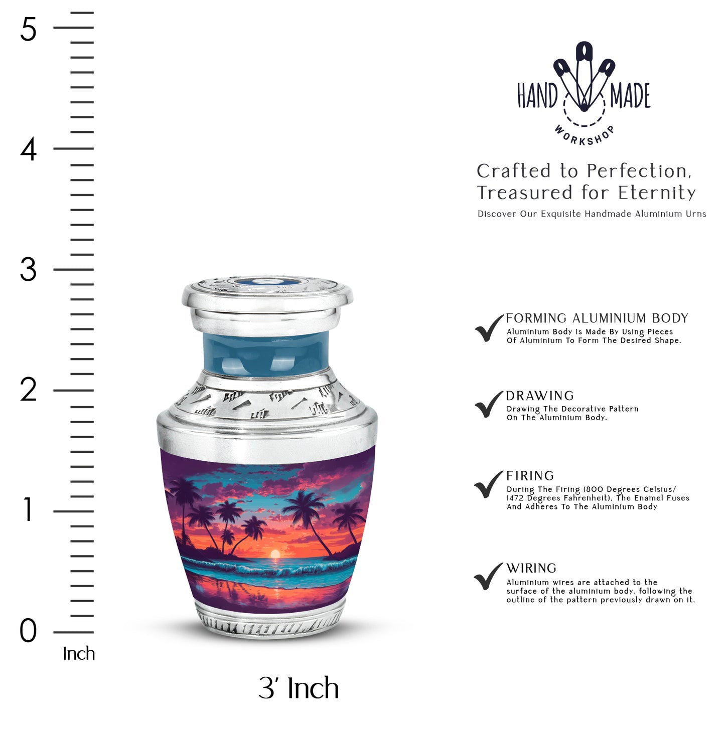 Dusty Blue Beach Cremation Urn top-down view of secure threaded lid - modern art-inspired beach motif on sleek aluminum - mini keepsake memorial for portion of cremation ashes