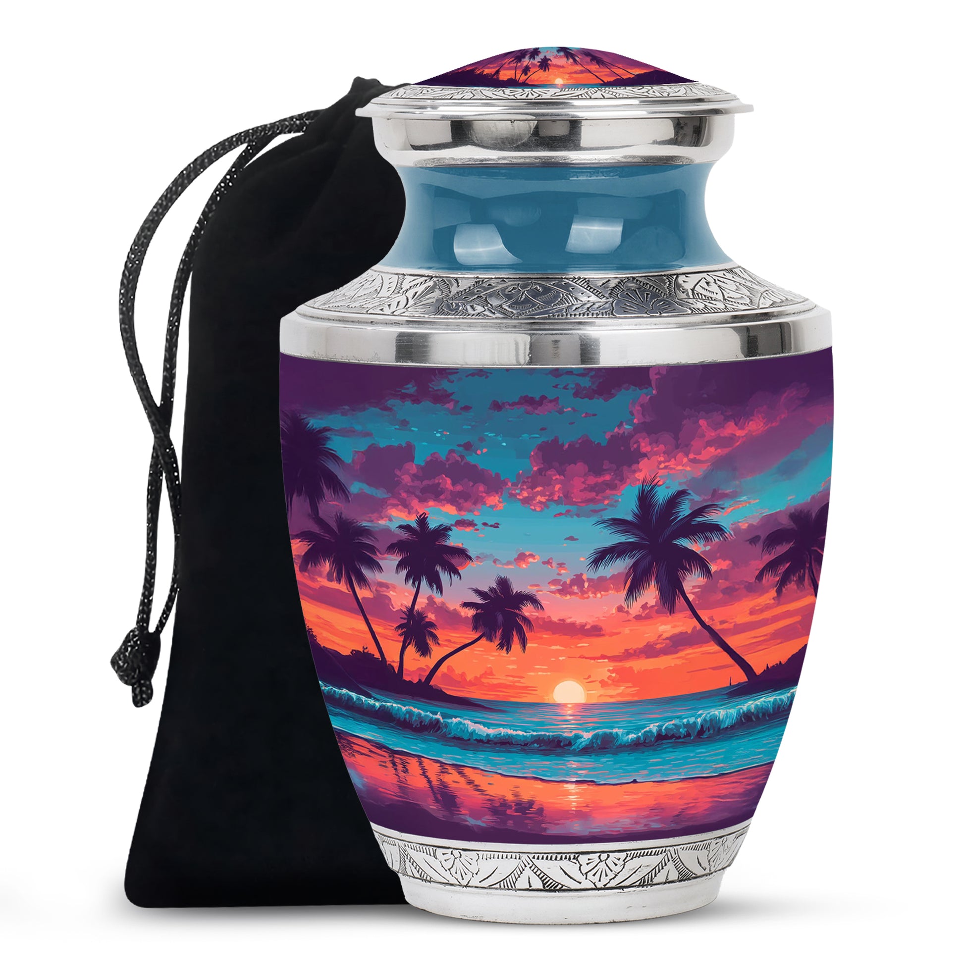 Twilight Blue Beach Cremation Urn side profile showing urn shape - artistic beach interpretation with creative detail - full-size 10 inch 200 cubic inch adult cremation urn