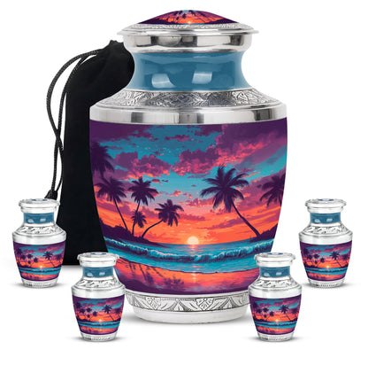 Sapphire Blue Beach Cremation Urn lifestyle display on memorial shelf - stylized abstract beach pattern with bold lines - memorial set with one large and four small urns