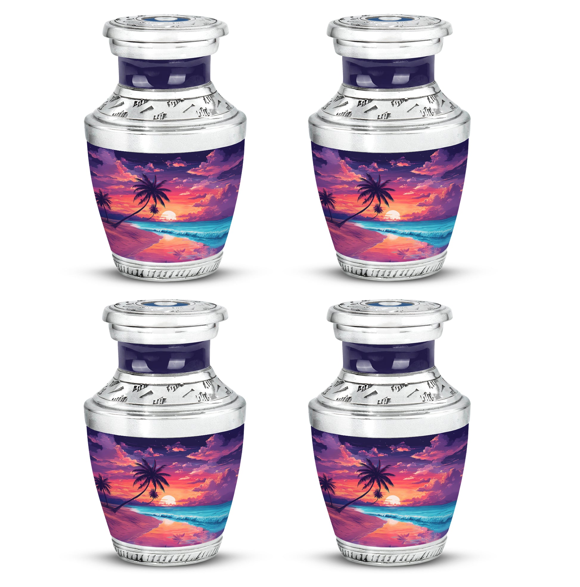 Azure Beach Cremation Urn back view with polished surface - modern art-inspired beach motif on sleek aluminum - 10 inch aluminum urn for cremated remains
