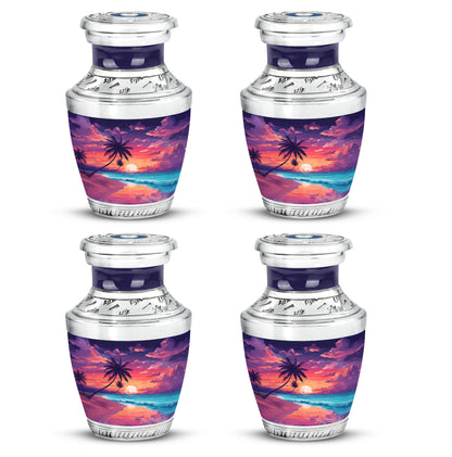 Azure Beach Cremation Urn back view with polished surface - modern art-inspired beach motif on sleek aluminum - 10 inch aluminum urn for cremated remains