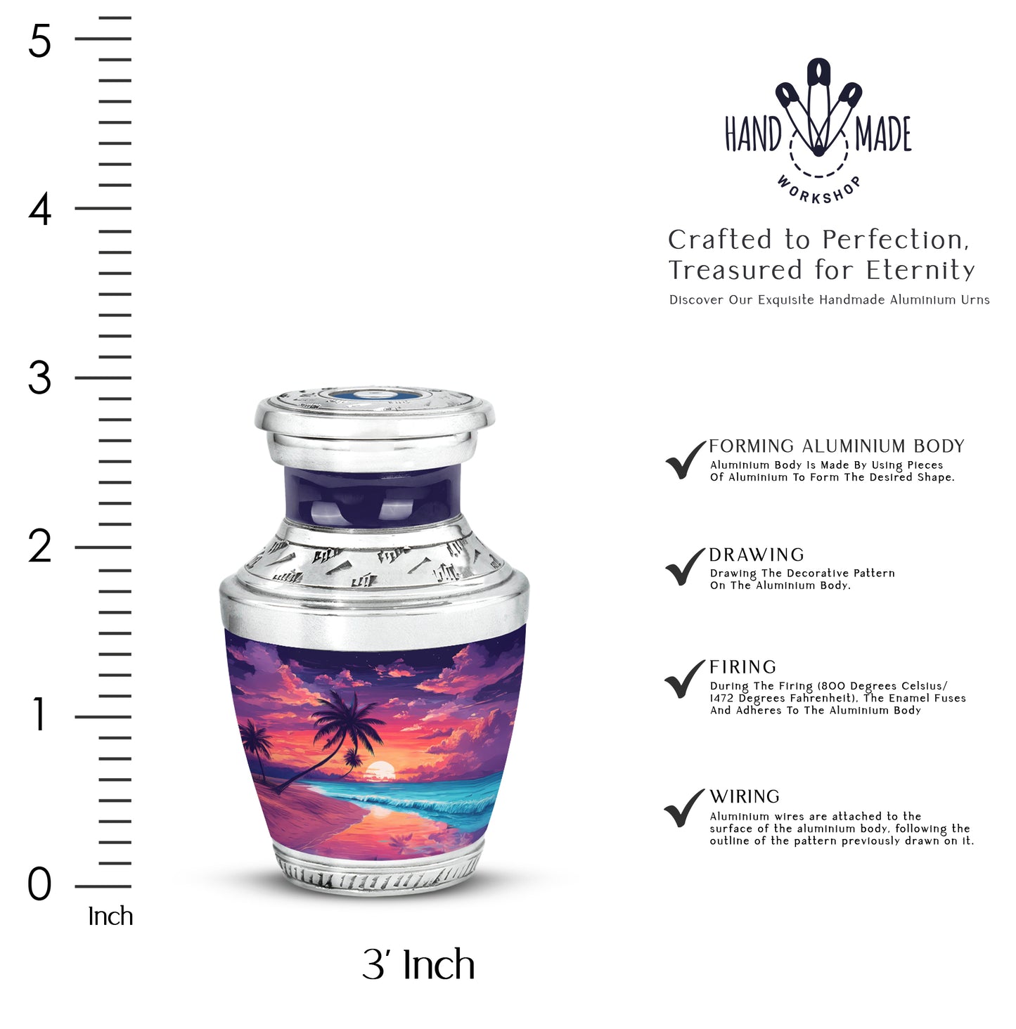 Calming Blue Beach Cremation Urn top-down view of secure threaded lid - artistic beach interpretation with creative detail - mini keepsake memorial for portion of cremation ashes