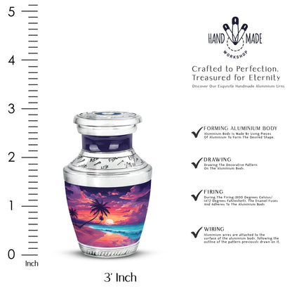 Calming Blue Beach Cremation Urn top-down view of secure threaded lid - artistic beach interpretation with creative detail - mini keepsake memorial for portion of cremation ashes