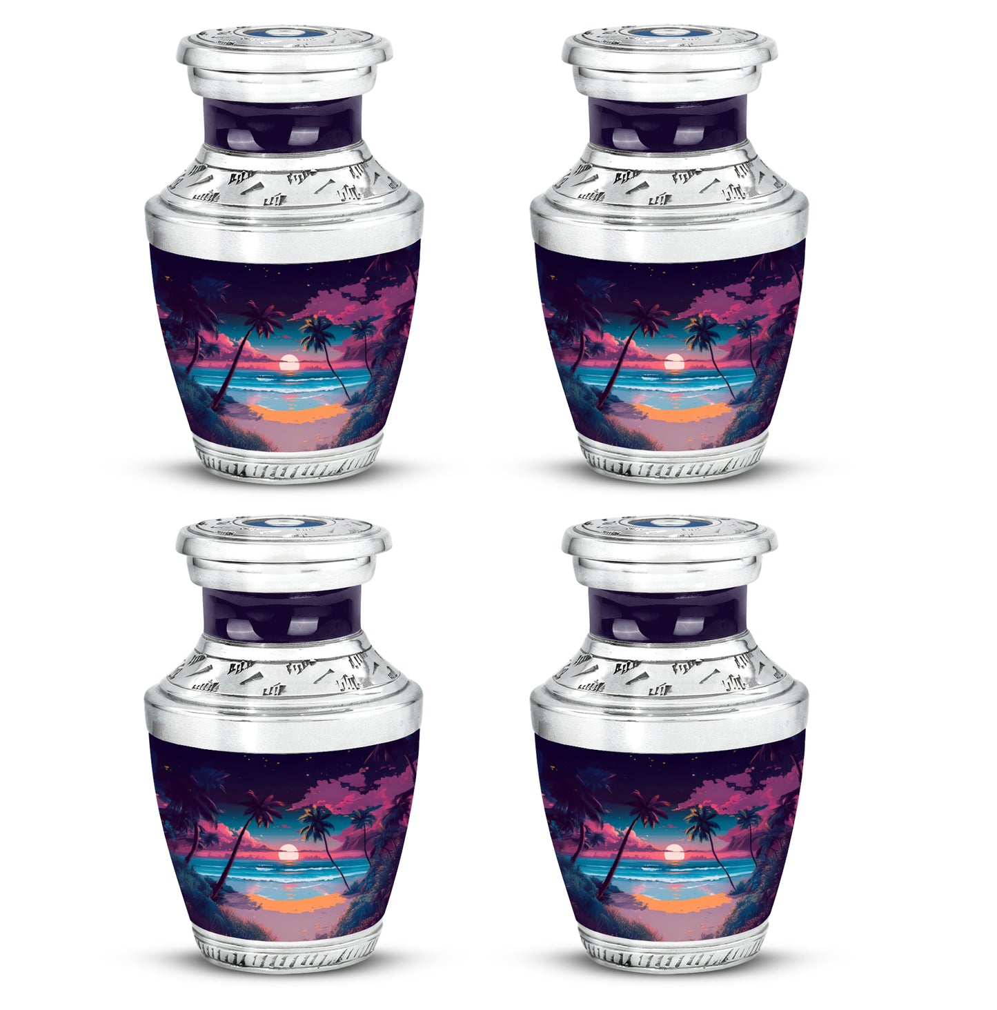 Orchid Purple Beach Cremation Urn back view with polished surface - modern art-inspired beach motif on sleek aluminum - 10 inch aluminum urn for cremated remains
