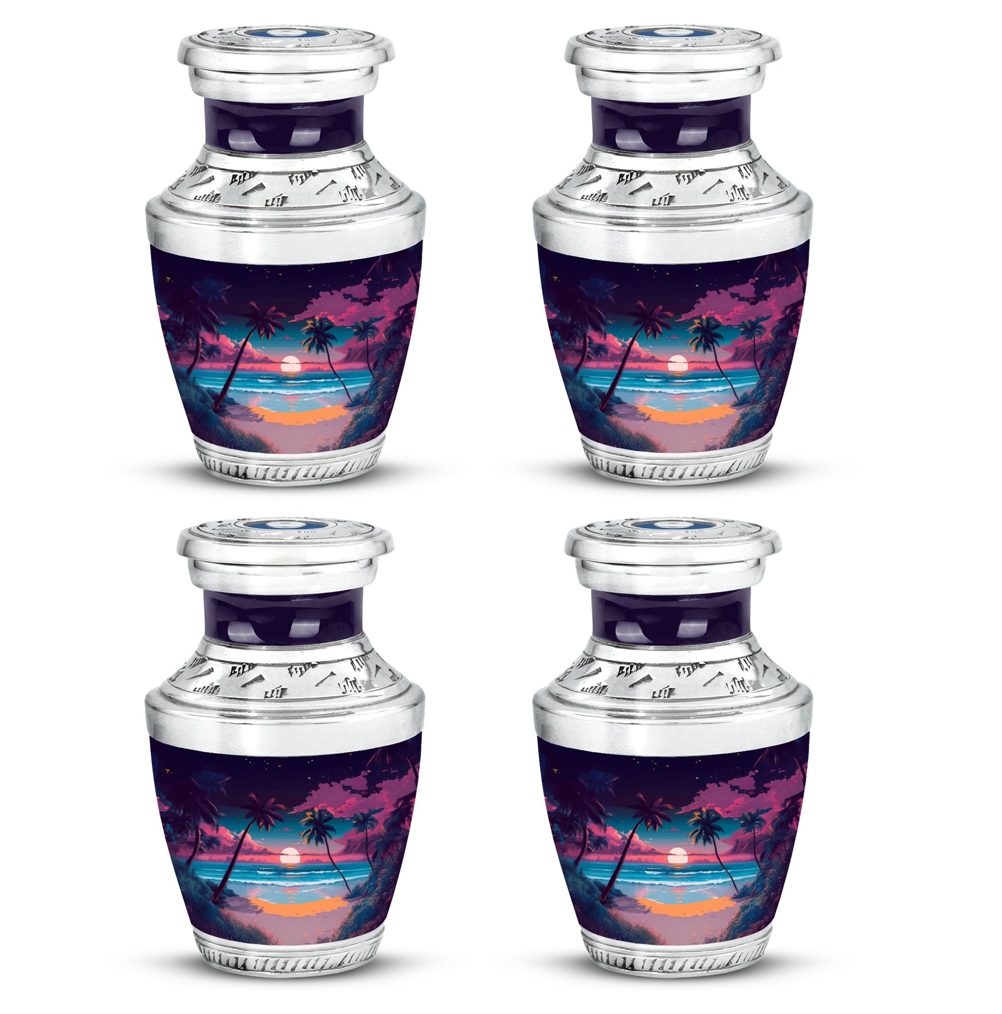 Orchid Purple Beach Cremation Urn back view with polished surface - modern art-inspired beach motif on sleek aluminum - 10 inch aluminum urn for cremated remains
