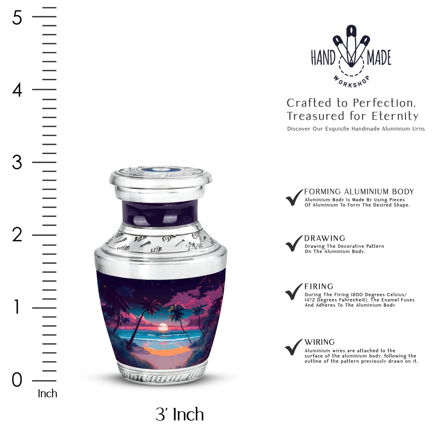 Deep Purple Beach Cremation Urn top-down view of secure threaded lid - modern art-inspired beach motif on sleek aluminum - mini keepsake memorial for portion of cremation ashes
