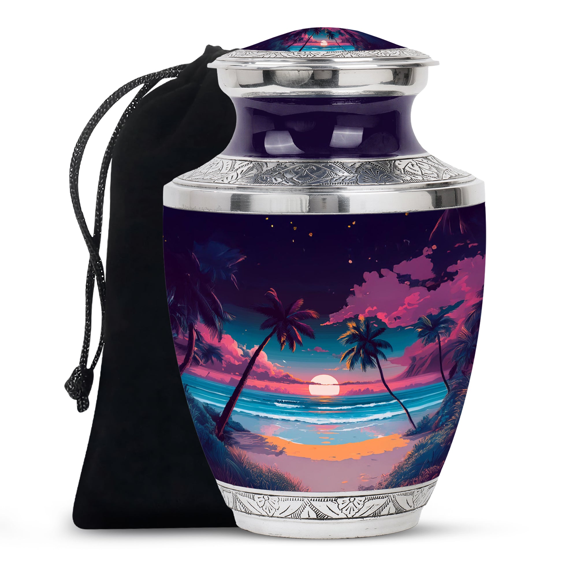 Violet Purple Beach Cremation Urn side profile showing urn shape - artistic beach interpretation with creative detail - full-size 10 inch 200 cubic inch adult cremation urn