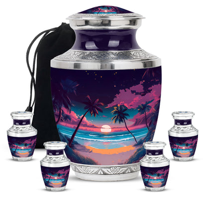 Deep Purple Beach Cremation Urn lifestyle display on memorial shelf - contemporary beach design with modern artistic flair - memorial set with one large and four small urns