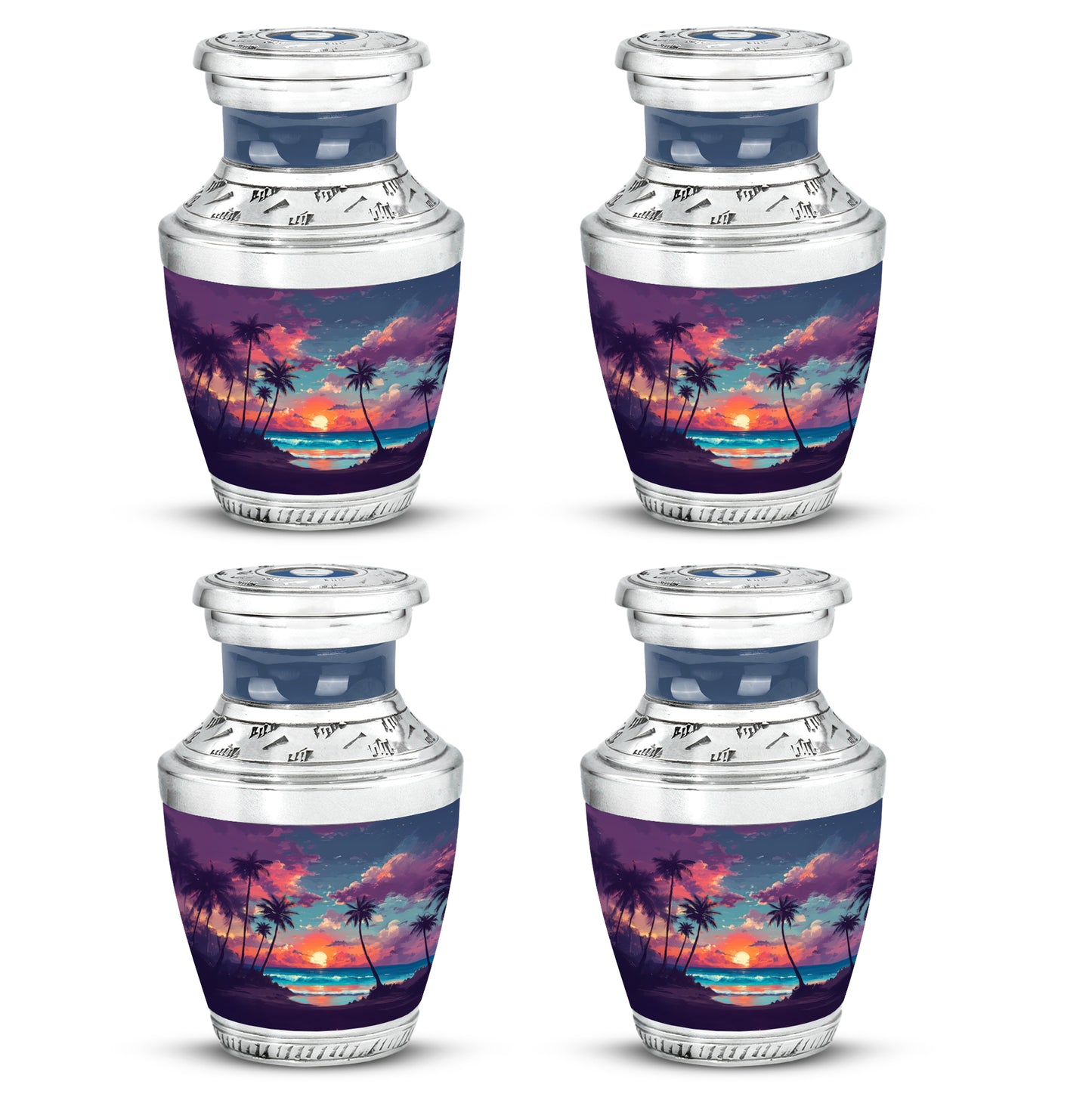 Cornflower Blue Beach Cremation Urn back view with polished surface - artistic beach interpretation with creative detail - 10 inch aluminum urn for cremated remains