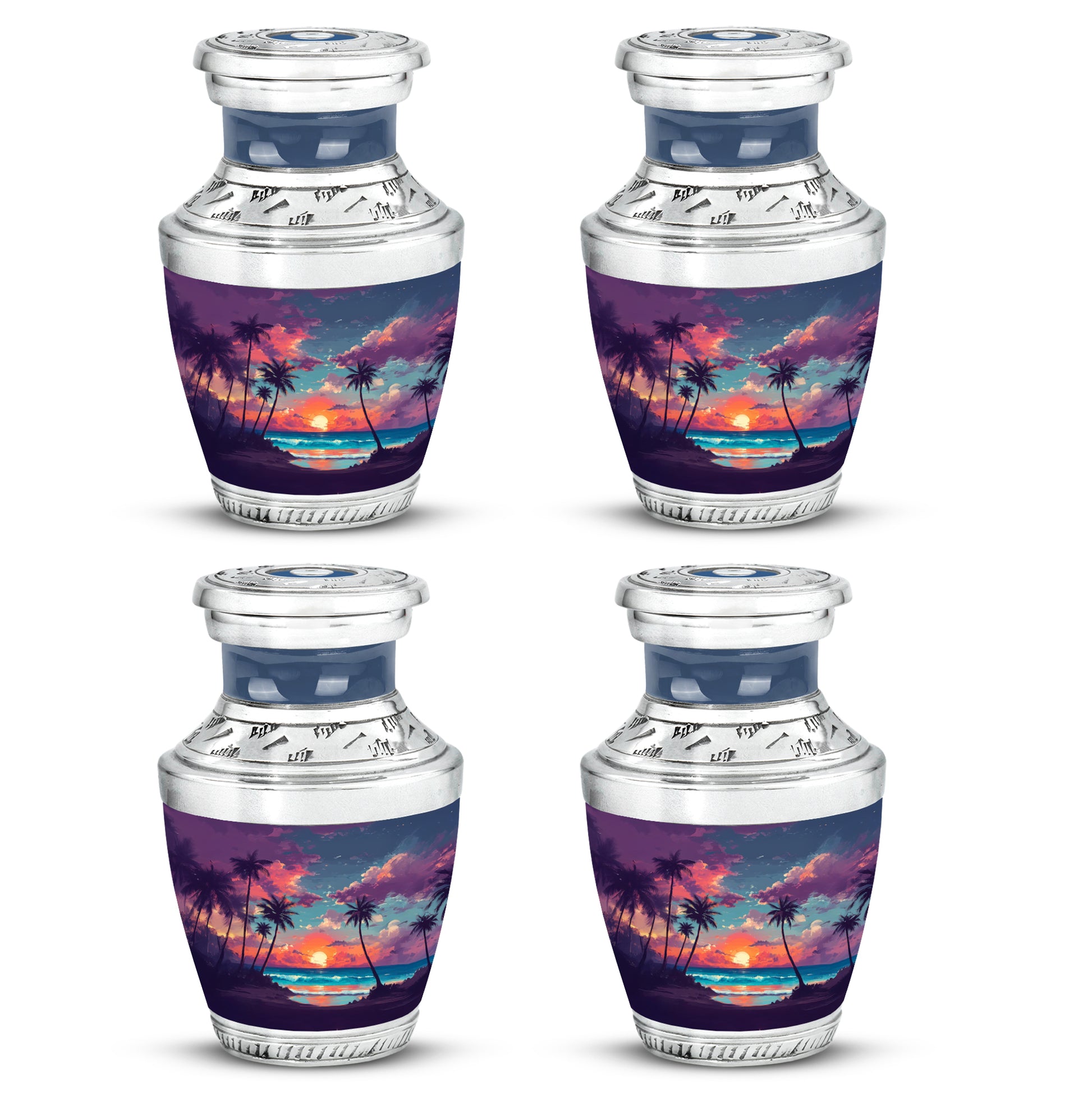 Cornflower Blue Beach Cremation Urn back view with polished surface - artistic beach interpretation with creative detail - 10 inch aluminum urn for cremated remains