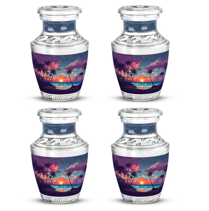 Cornflower Blue Beach Cremation Urn back view with polished surface - artistic beach interpretation with creative detail - 10 inch aluminum urn for cremated remains