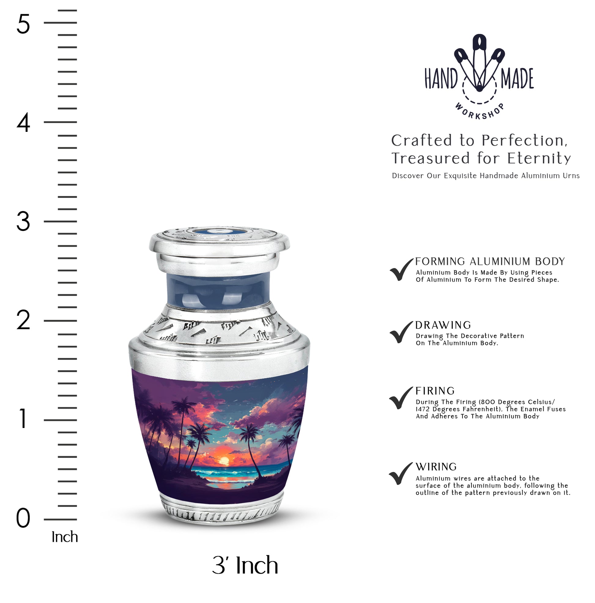 Vivid Blue Beach Cremation Urn top-down view of secure threaded lid - artistic beach interpretation with creative detail - mini keepsake memorial for portion of cremation ashes