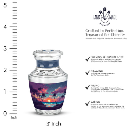 Vivid Blue Beach Cremation Urn top-down view of secure threaded lid - artistic beach interpretation with creative detail - mini keepsake memorial for portion of cremation ashes