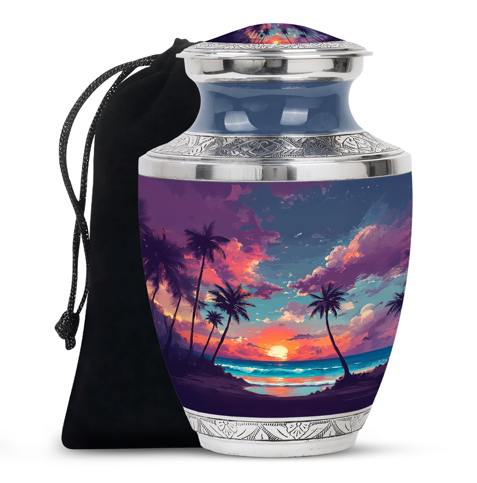 Navy Blue Beach Cremation Urn side profile showing urn shape - modern art-inspired beach motif on sleek aluminum - full-size 10 inch 200 cubic inch adult cremation urn