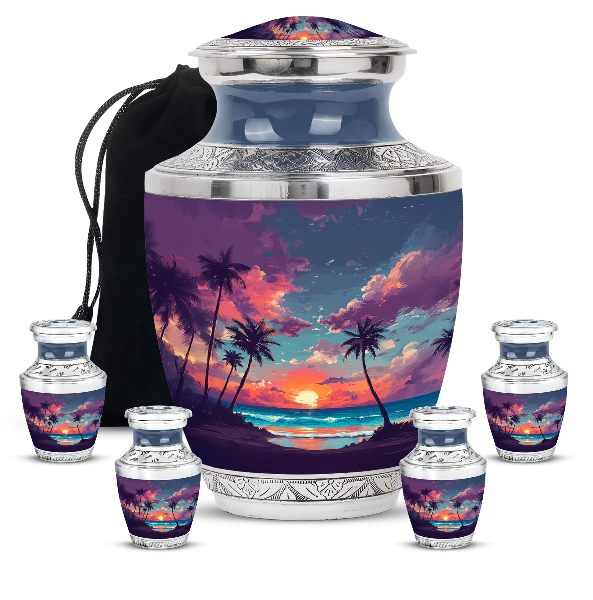 Cornflower Blue Beach Cremation Urn lifestyle display on memorial shelf - artistic beach interpretation with creative detail - memorial set with one large and four small urns