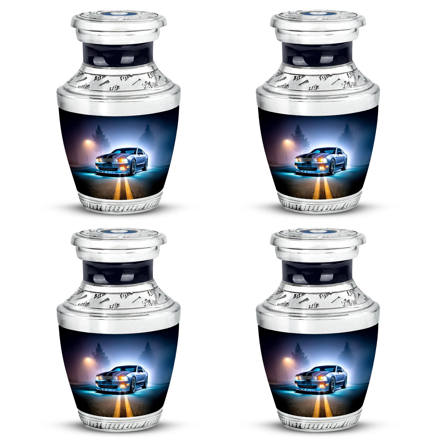 Twilight Blue Car Cremation Urn back view with polished surface - stylized abstract car pattern with bold lines - 10 inch aluminum urn for cremated remains