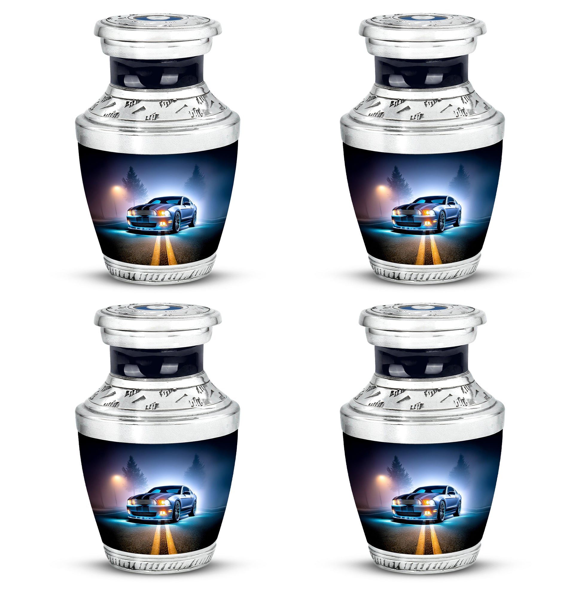 Twilight Blue Car Cremation Urn back view with polished surface - stylized abstract car pattern with bold lines - 10 inch aluminum urn for cremated remains