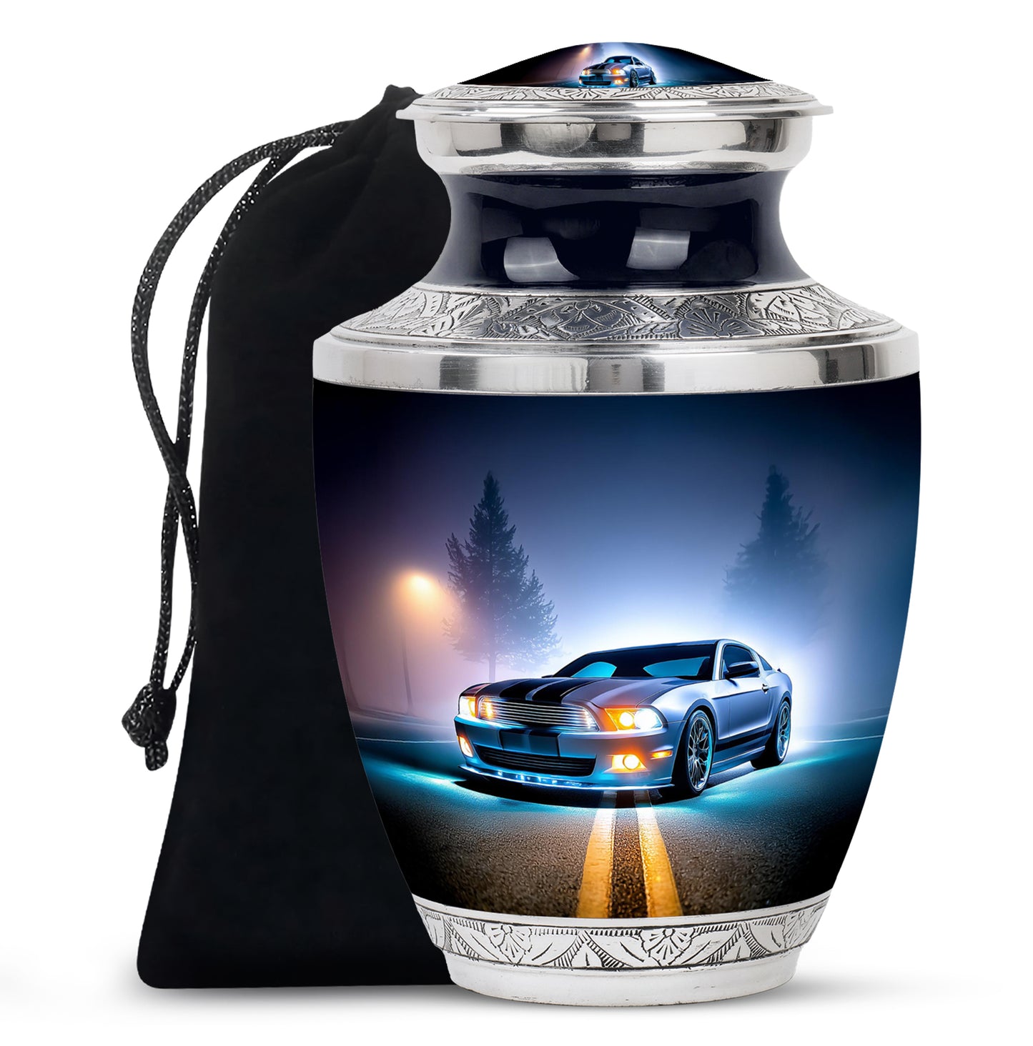 Soft Blue Car Cremation Urn side profile showing urn shape - stylized abstract car pattern with bold lines - full-size 10 inch 200 cubic inch adult cremation urn