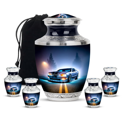 Icy Blue Car Cremation Urn lifestyle display on memorial shelf - contemporary car design with modern artistic flair - memorial set with one large and four small urns