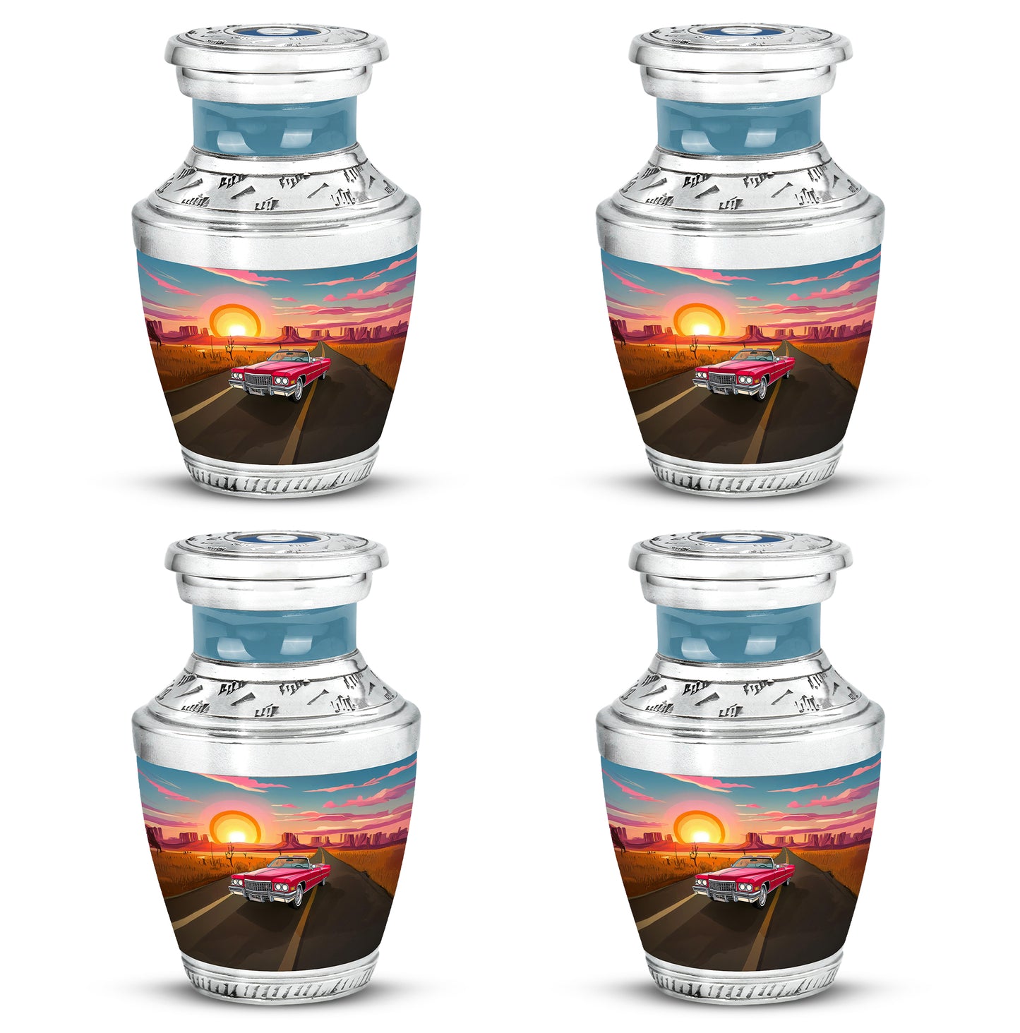 Icy Blue Car Cremation Urn back view with polished surface - contemporary car design with modern artistic flair - 10 inch aluminum urn for cremated remains