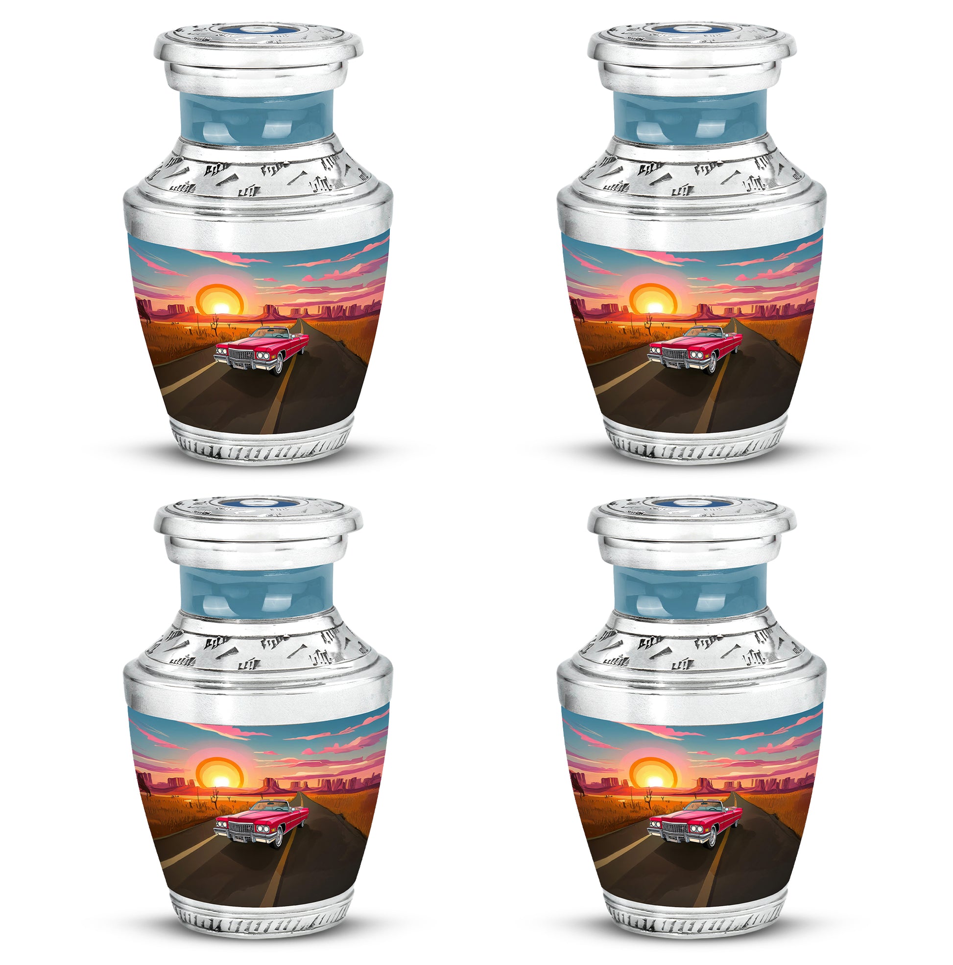 Icy Blue Car Cremation Urn back view with polished surface - contemporary car design with modern artistic flair - 10 inch aluminum urn for cremated remains