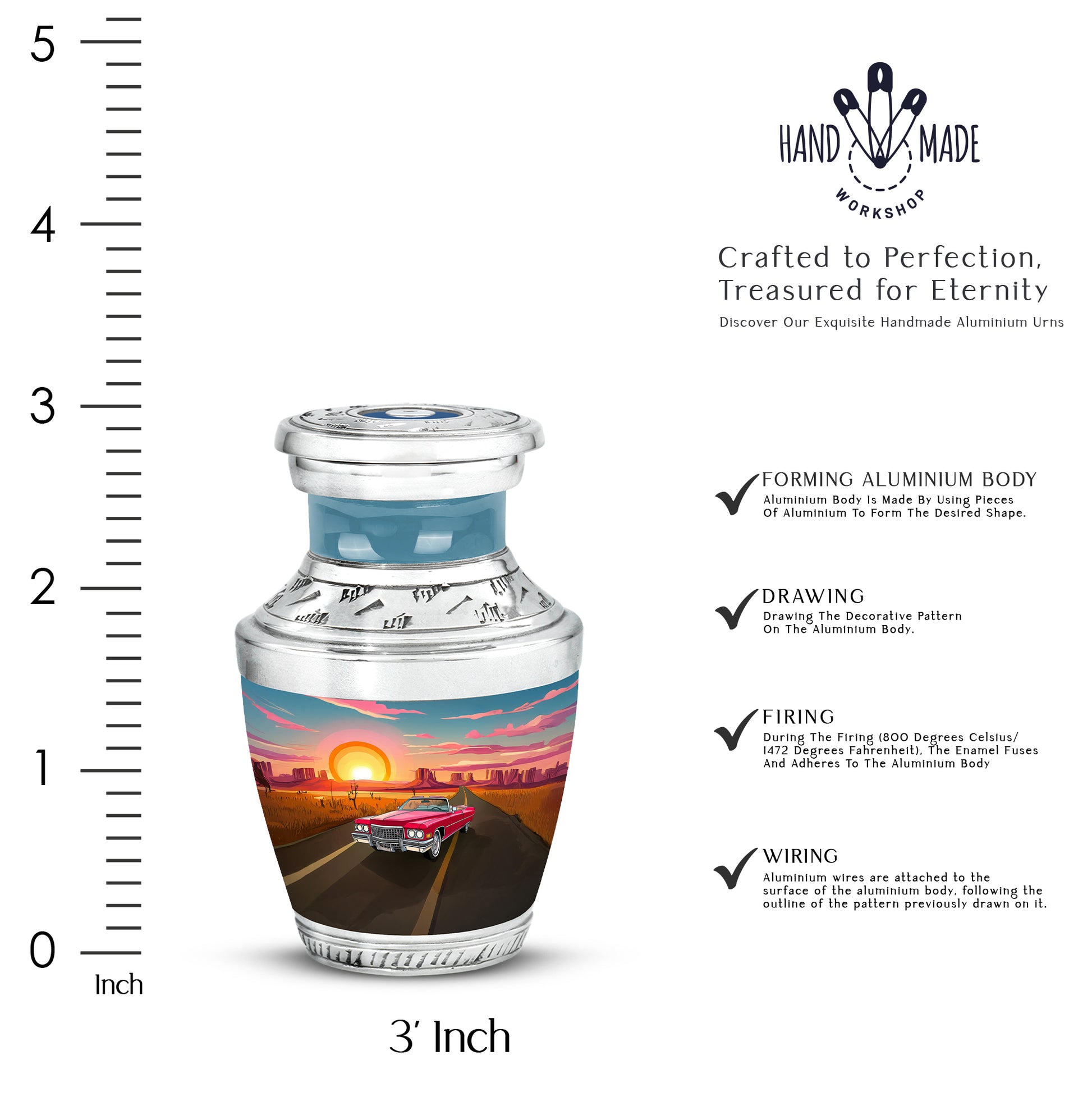 Serene Blue Car Cremation Urn top-down view of secure threaded lid - stylized abstract car pattern with bold lines - mini keepsake memorial for portion of cremation ashes