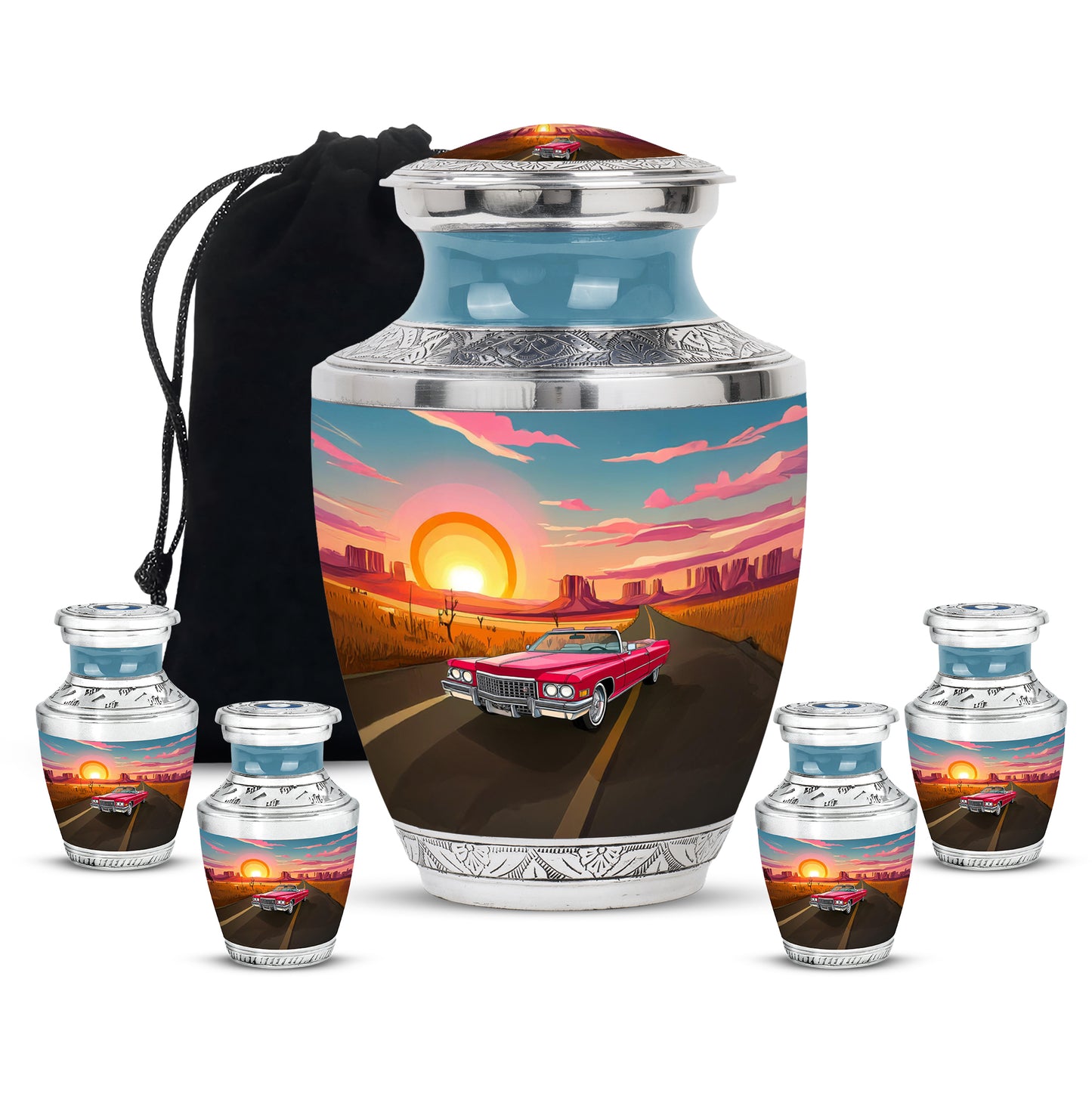 Dusty Blue Car Cremation Urn lifestyle display on memorial shelf - contemporary car design with modern artistic flair - memorial set with one large and four small urns