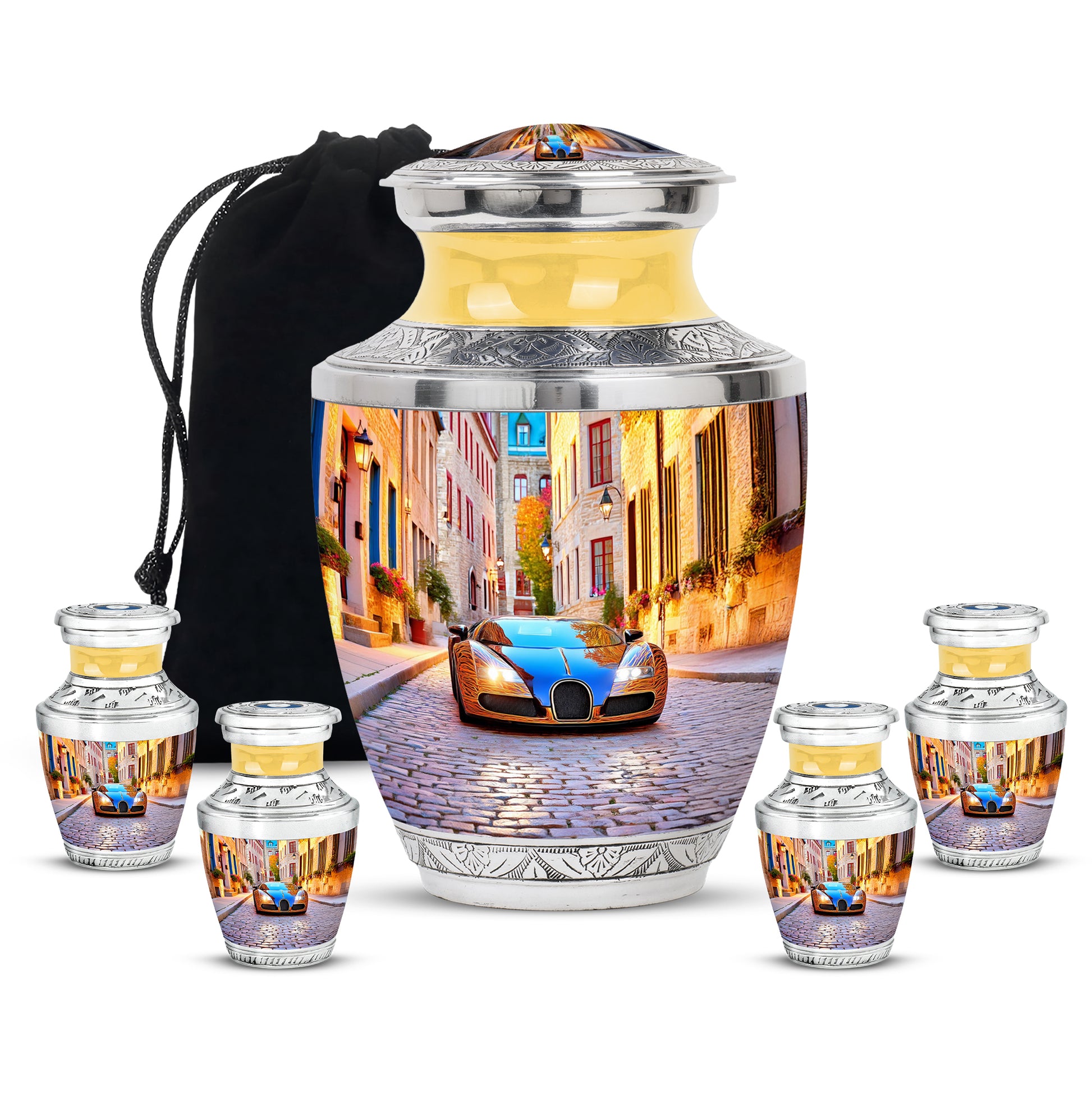 Steel Blue Car Cremation Urn lifestyle display on memorial shelf - stylized abstract car pattern with bold lines - memorial set with one large and four small urns