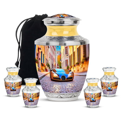 Steel Blue Car Cremation Urn lifestyle display on memorial shelf - stylized abstract car pattern with bold lines - memorial set with one large and four small urns