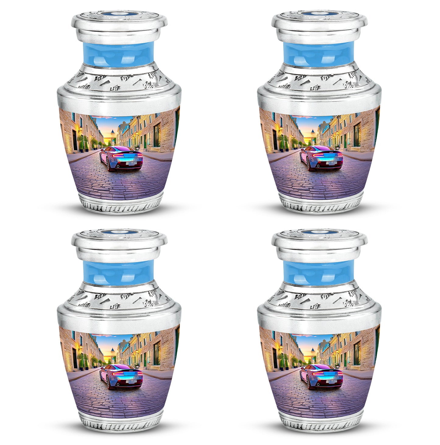 Azure Car Cremation Urn back view with polished surface - contemporary car design with modern artistic flair - 10 inch aluminum urn for cremated remains
