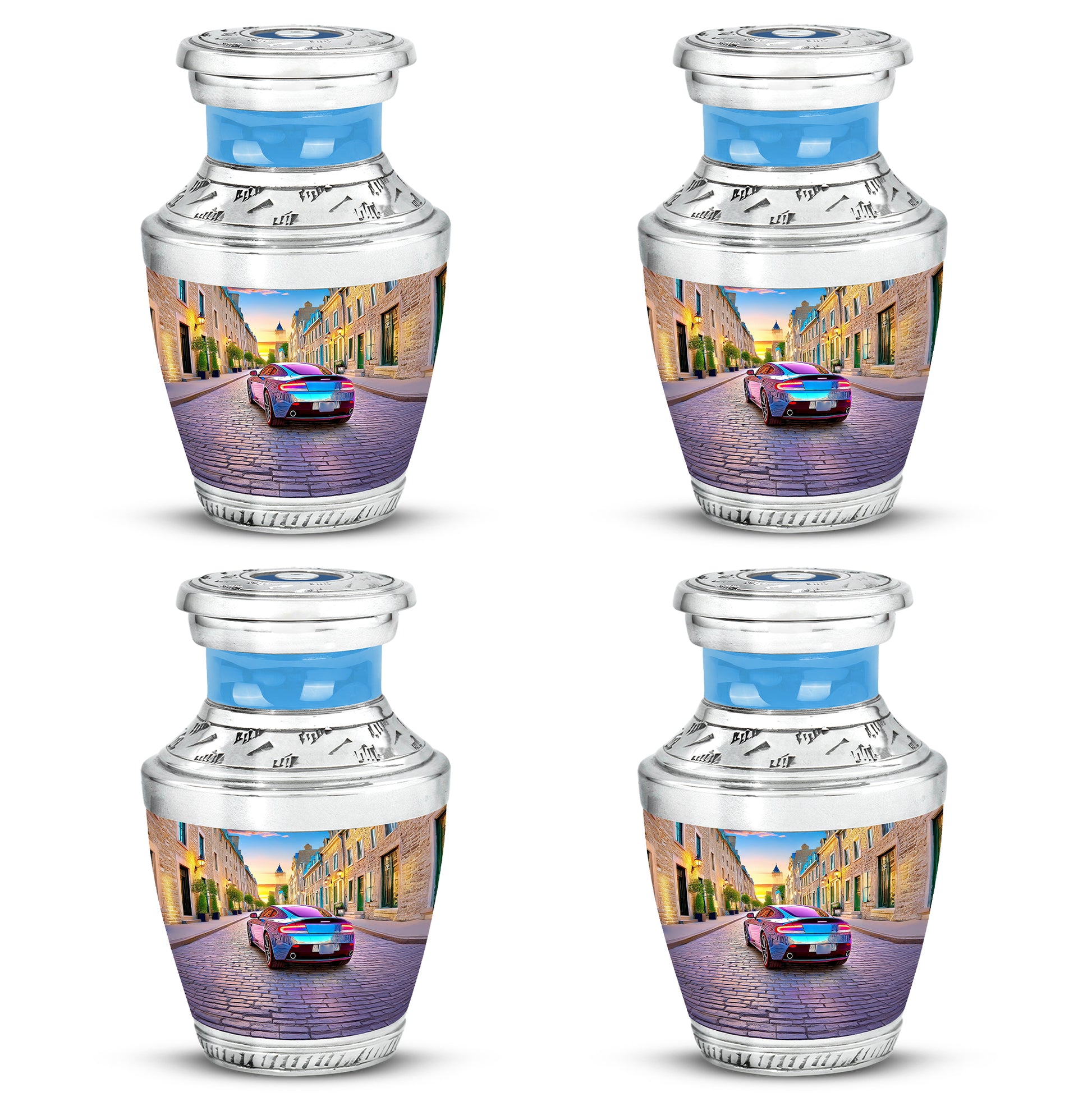 Azure Car Cremation Urn back view with polished surface - contemporary car design with modern artistic flair - 10 inch aluminum urn for cremated remains