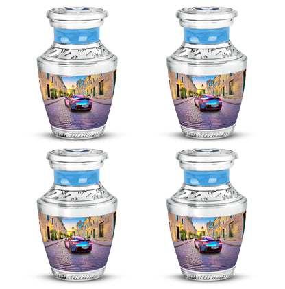 Azure Car Cremation Urn back view with polished surface - contemporary car design with modern artistic flair - 10 inch aluminum urn for cremated remains