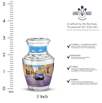 Cornflower Blue Car Cremation Urn top-down view of secure threaded lid - stylized abstract car pattern with bold lines - mini keepsake memorial for portion of cremation ashes
