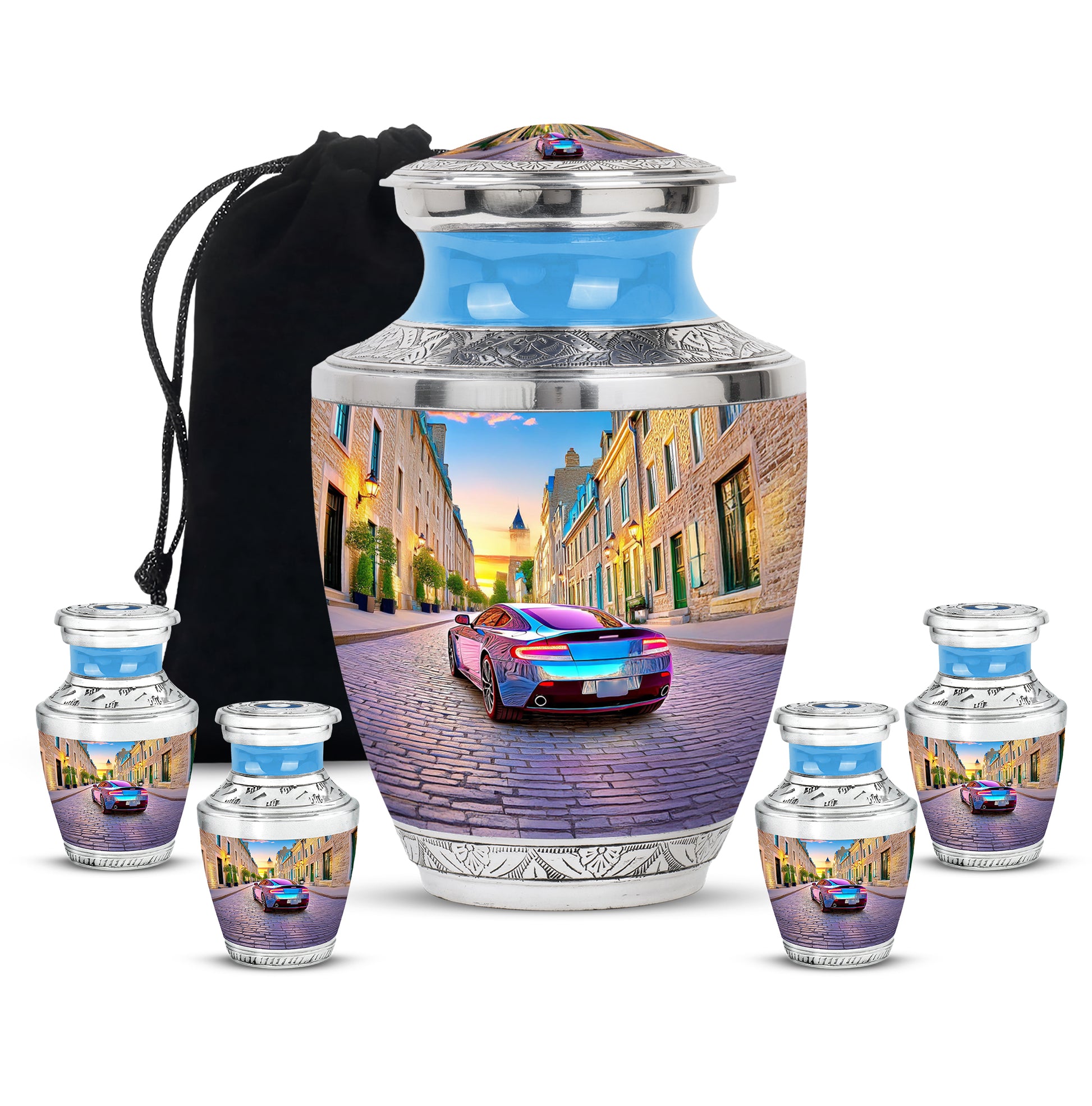 Vivid Blue Car Cremation Urn lifestyle display on memorial shelf - stylized abstract car pattern with bold lines - memorial set with one large and four small urns
