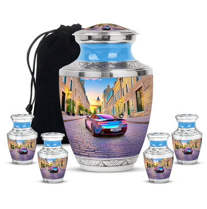 Vivid Blue Car Cremation Urn lifestyle display on memorial shelf - stylized abstract car pattern with bold lines - memorial set with one large and four small urns