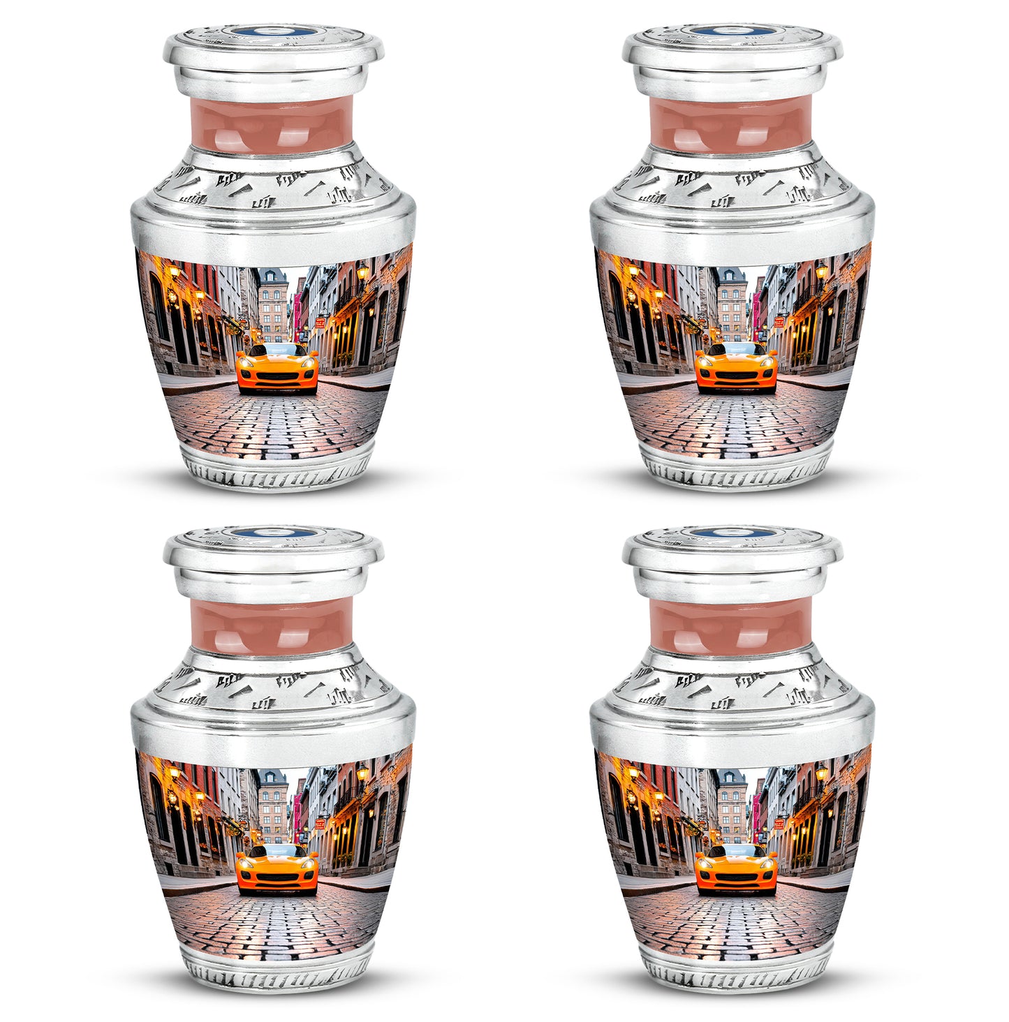 Frost White Car Cremation Urn back view with polished surface - modern art-inspired car motif on sleek aluminum - 10 inch aluminum urn for cremated remains