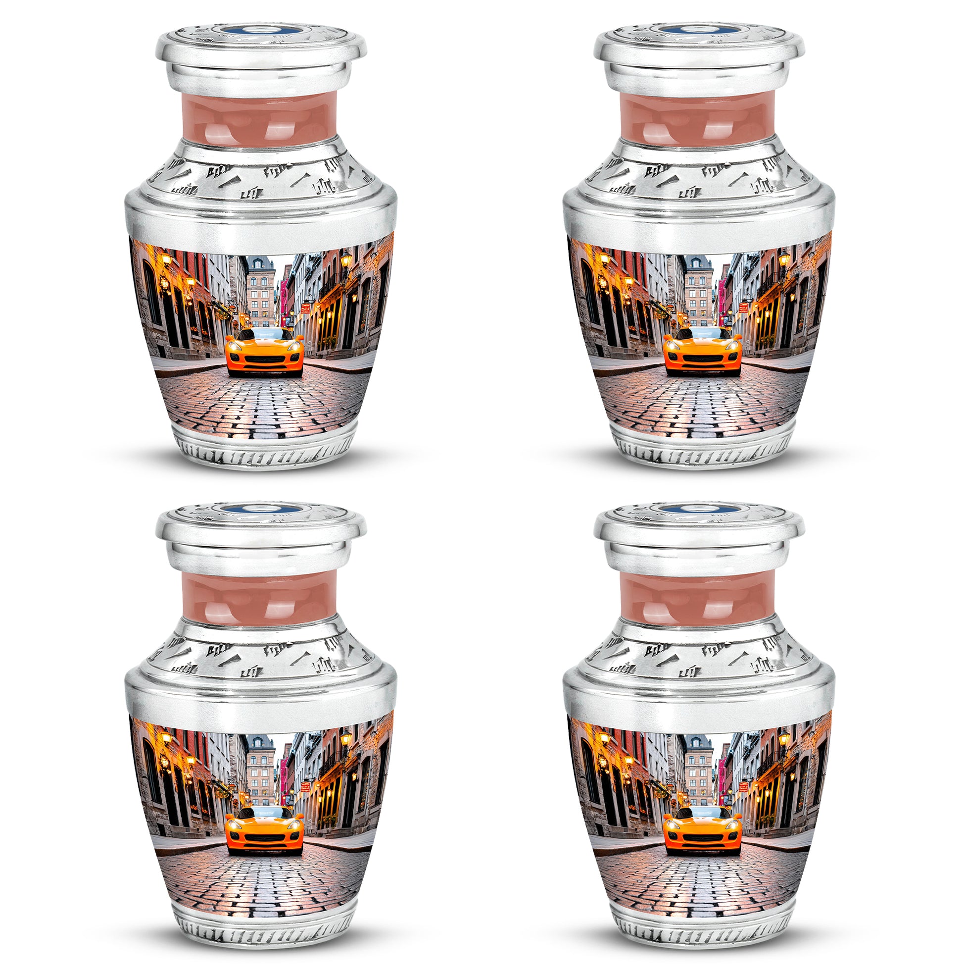 Frost White Car Cremation Urn back view with polished surface - modern art-inspired car motif on sleek aluminum - 10 inch aluminum urn for cremated remains