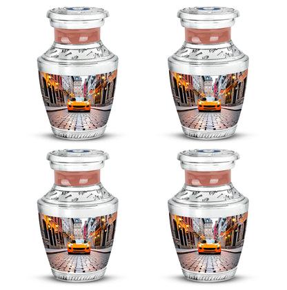 Frost White Car Cremation Urn back view with polished surface - modern art-inspired car motif on sleek aluminum - 10 inch aluminum urn for cremated remains