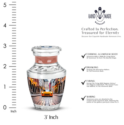 Snow White Car Cremation Urn top-down view of secure threaded lid - modern art-inspired car motif on sleek aluminum - mini keepsake memorial for portion of cremation ashes
