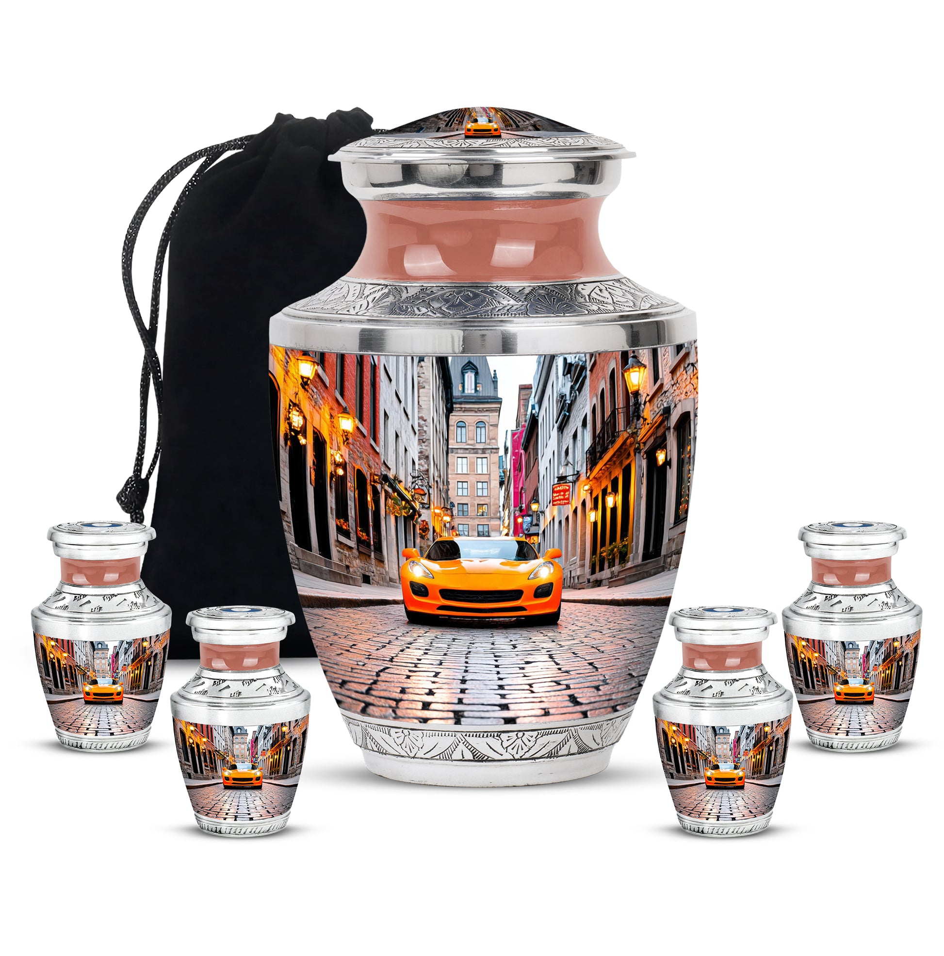 Porcelain White Car Cremation Urn lifestyle display on memorial shelf - stylized abstract car pattern with bold lines - memorial set with one large and four small urns