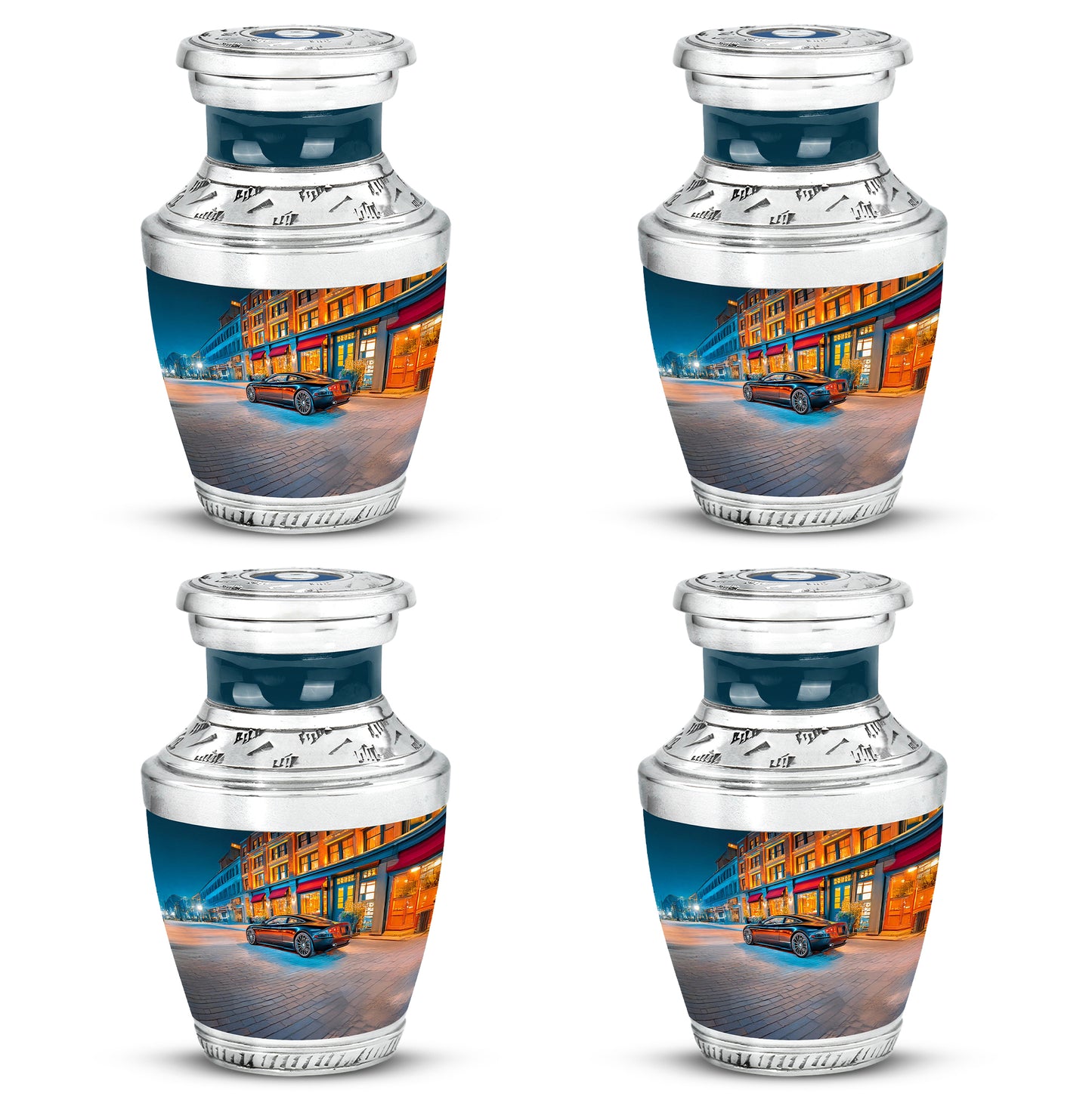 Icy Blue Car Cremation Urn back view with polished surface - contemporary car design with modern artistic flair - 10 inch aluminum urn for cremated remains