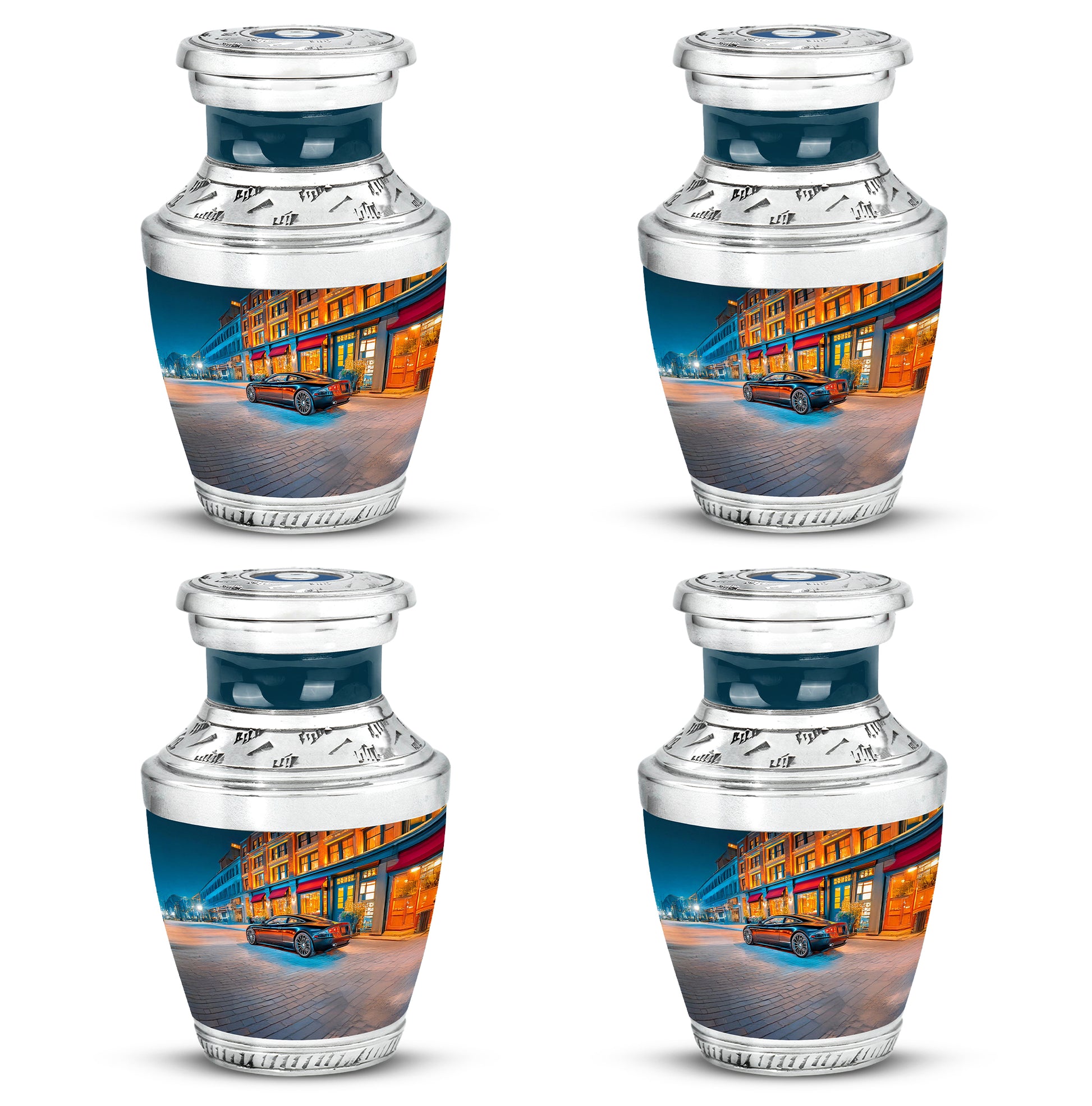 Icy Blue Car Cremation Urn back view with polished surface - contemporary car design with modern artistic flair - 10 inch aluminum urn for cremated remains