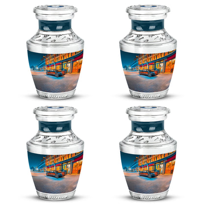 Icy Blue Car Cremation Urn back view with polished surface - contemporary car design with modern artistic flair - 10 inch aluminum urn for cremated remains